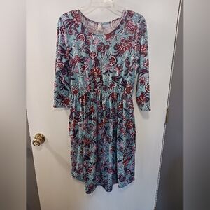 Magicfit Midi Dress Womens Lg Aqua, Purple, Pink, Side Pockets, Elastic Waist